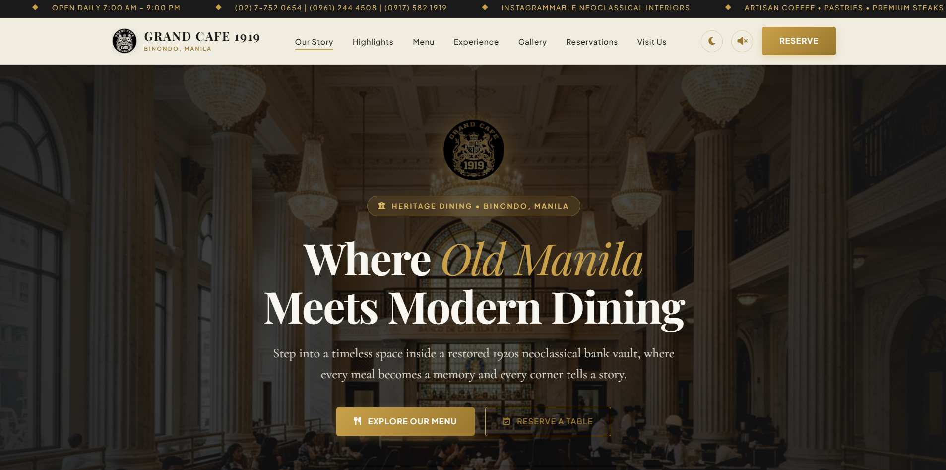 1919 Grand Cafe — Heritage dining website with neoclassical interiors