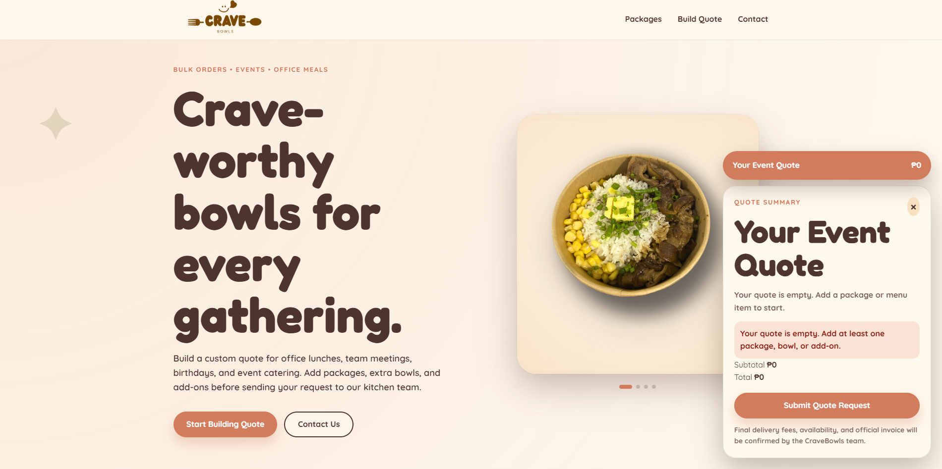 CraveBowls — Bulk order quote builder for event catering